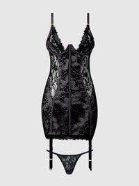 Jocelyn Lace & Satin Garter Chemise & G-String Set Purple/Black