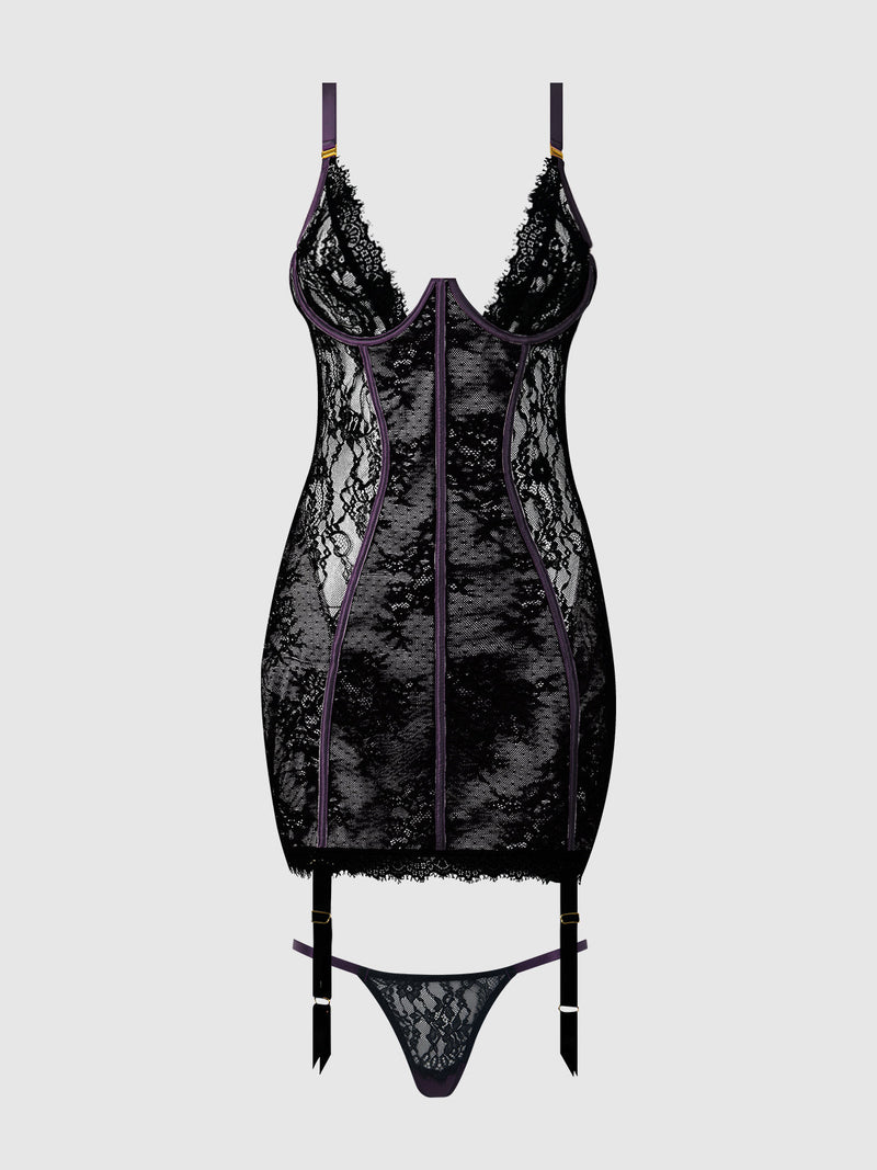 Jocelyn Lace & Satin Garter Chemise & G-String Set Purple/Black