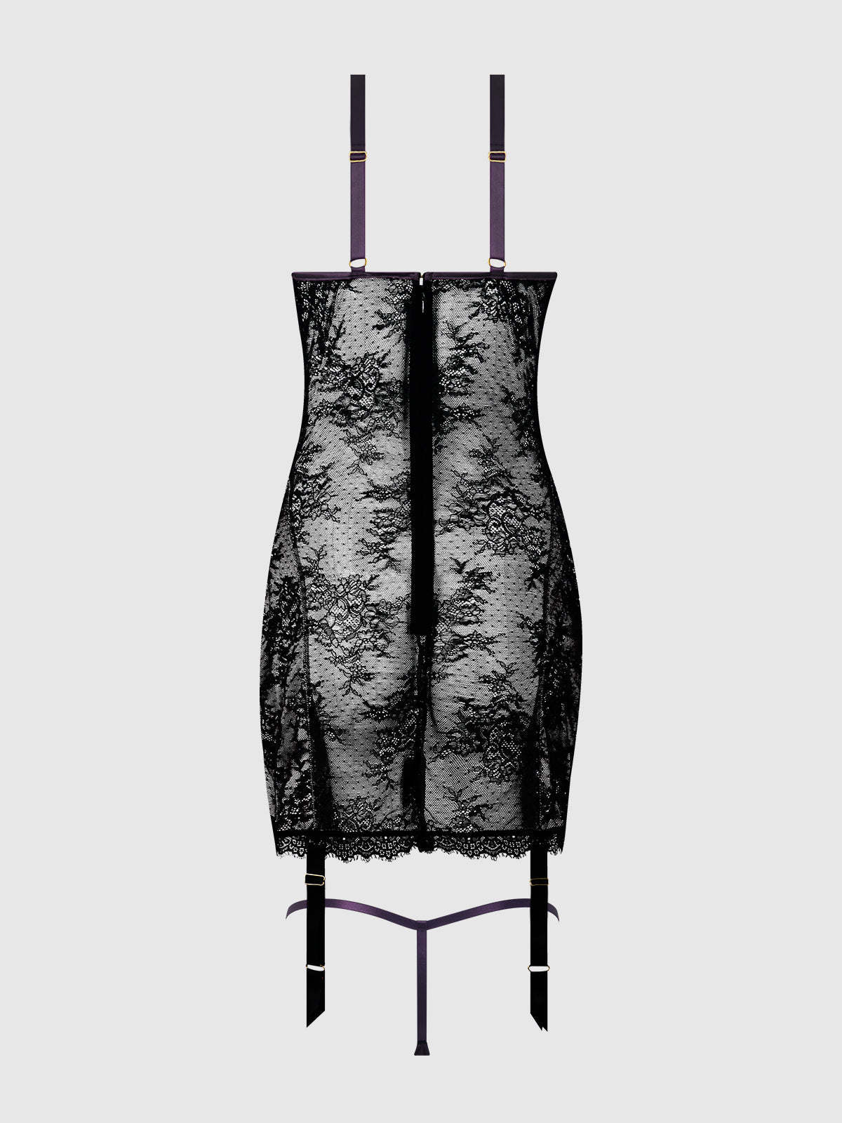 Jocelyn Lace & Satin Garter Chemise & G-String Set Purple/Black