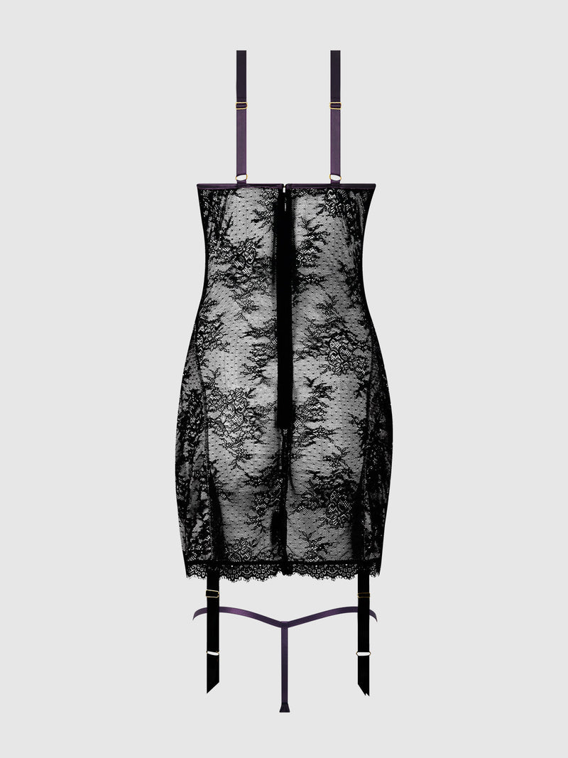 Jocelyn Lace & Satin Garter Chemise & G-String Set Purple/Black
