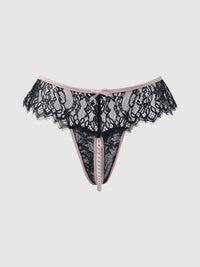 Jocelyn Lace & Pearl Crotchless Thong Black/Light Pink