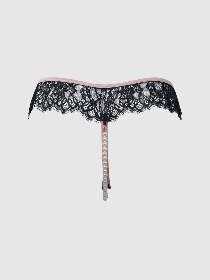 Jocelyn Lace & Pearl Crotchless Thong Black/Light Pink