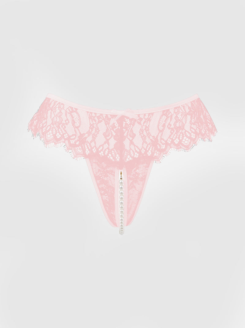 Jocelyn Lace & Pearl Crotchless Thong Light Pink