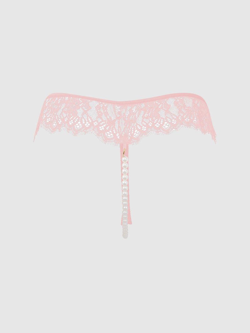 Jocelyn Lace & Pearl Crotchless Thong Light Pink