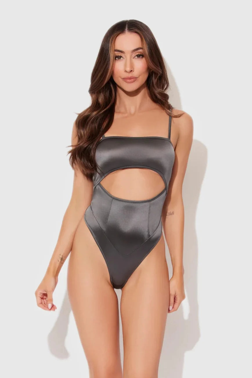 Zoe High Shine Cutout Scoop Back Bodysuit Graphite Gray