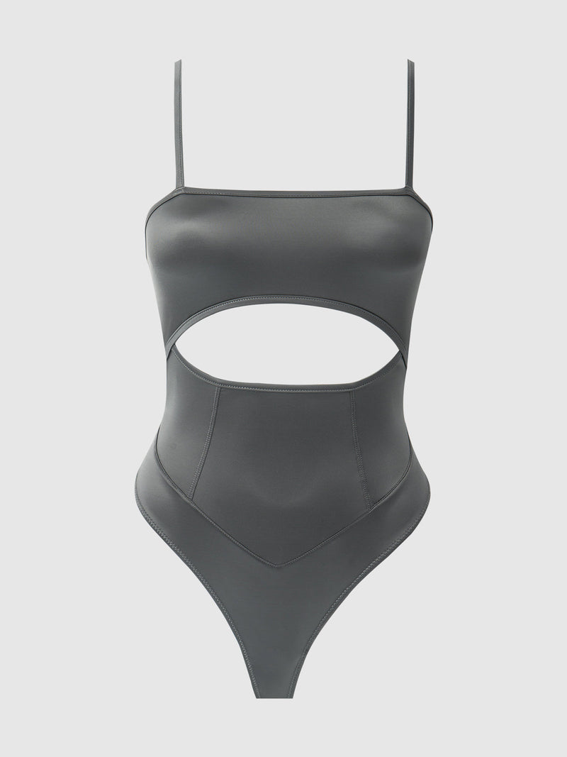 Zoe High Shine Cutout Scoop Back Bodysuit Graphite Gray