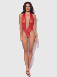 Kiki Lace Plunge Halter Teddy Crimson Red