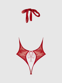 Kiki Lace Plunge Halter Teddy Crimson Red