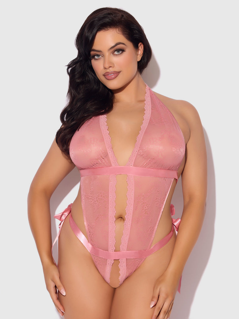 Kiki Lace & Satin Drop Off Teddy Dusty Rose Pink