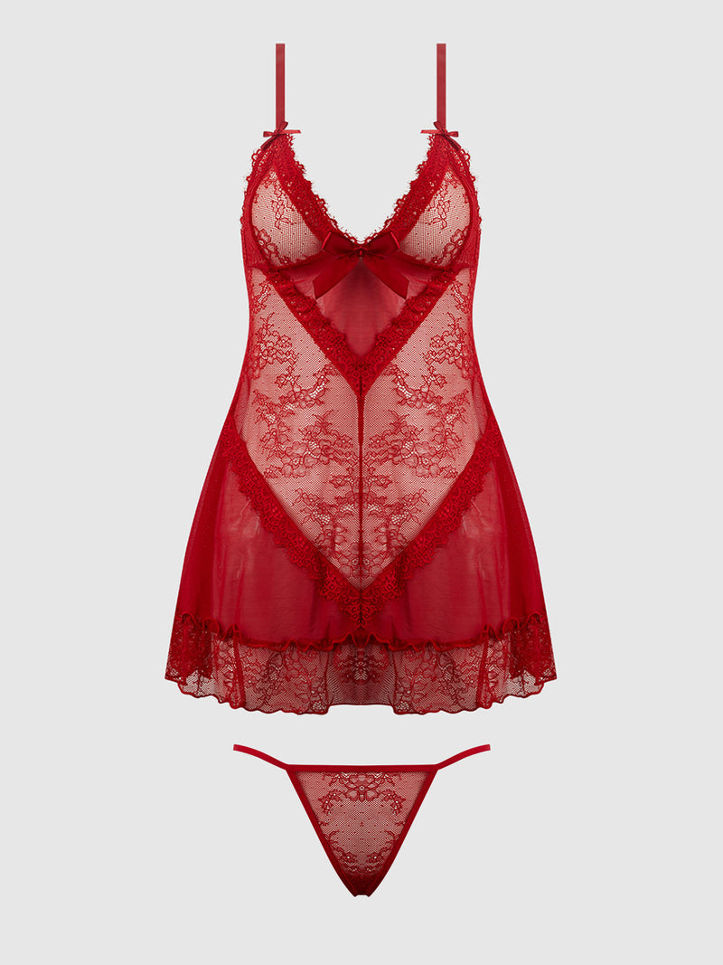 Kiki Lace Babydoll Set Crimson Red