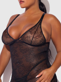 Kiki Lace Chemise Open Strappy Caged Back Black