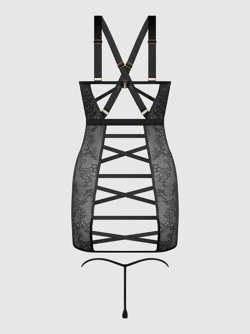 Kiki Lace Chemise Open Strappy Caged Back Black