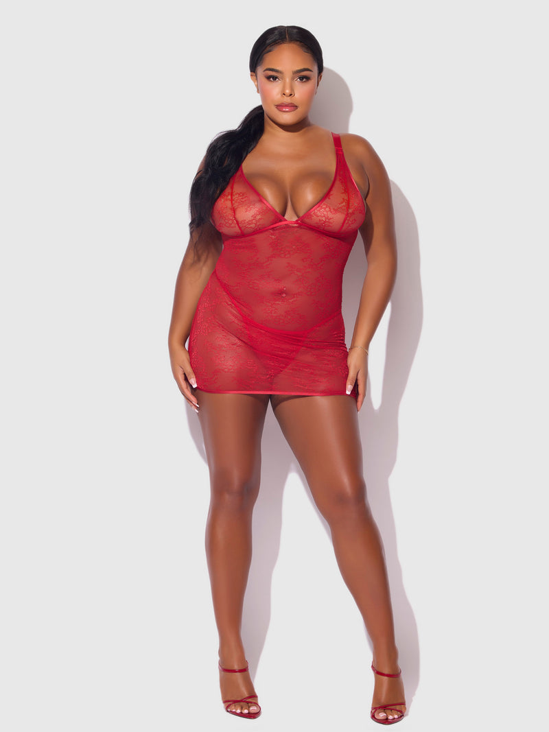 Kiki Lace Chemise Open Strappy Caged Back Crimson Red