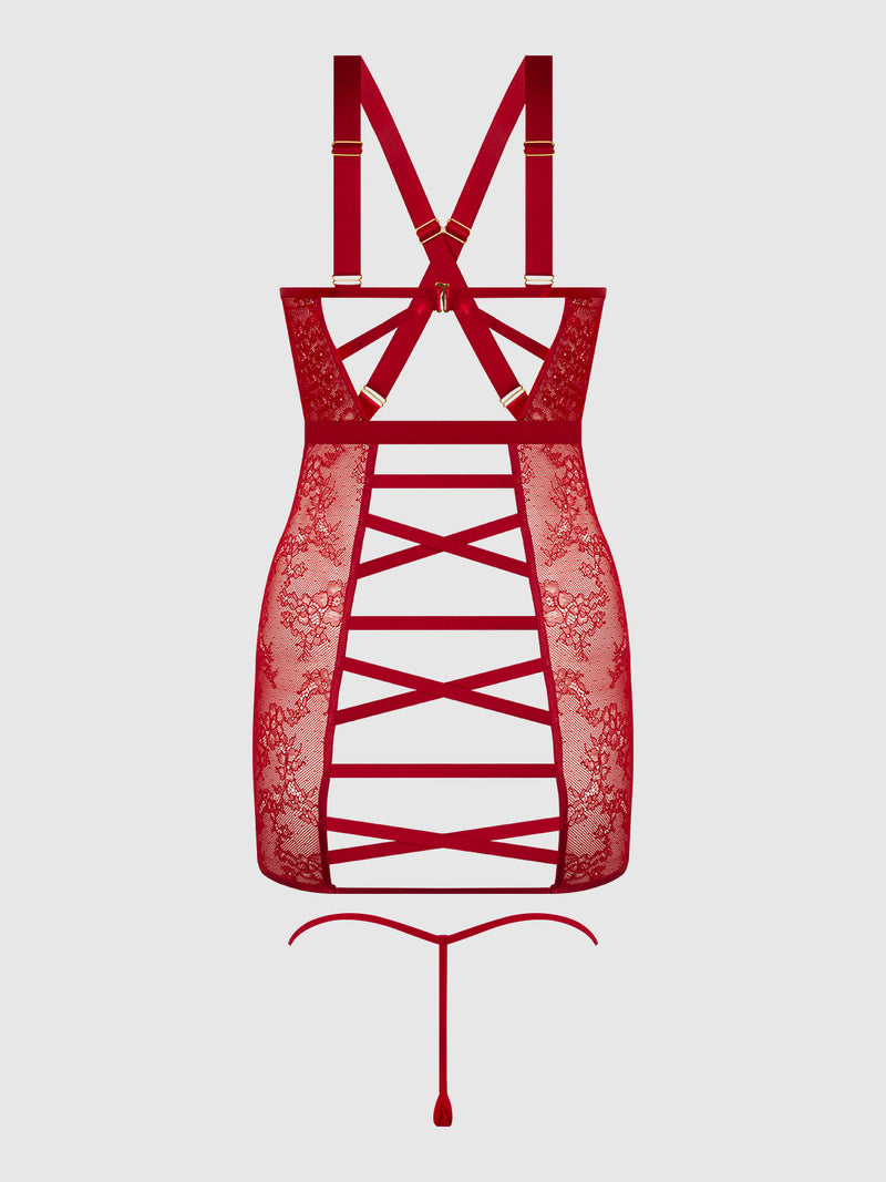 Kiki Lace Chemise Open Strappy Caged Back Crimson Red