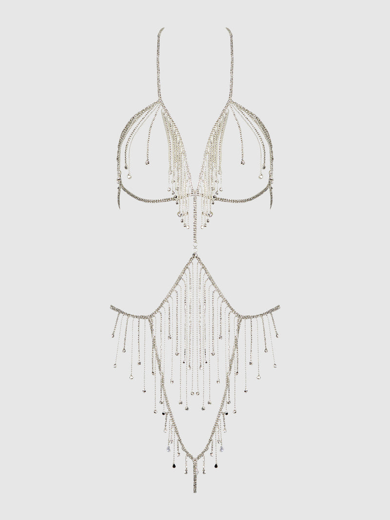 Rhinestone Dangle Fringe Teddy Silver