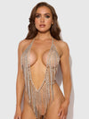 Rhinestone Plunge & Fringe Teddy Silver