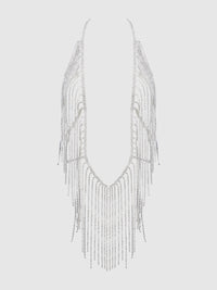 Rhinestone Plunge & Fringe Teddy Silver