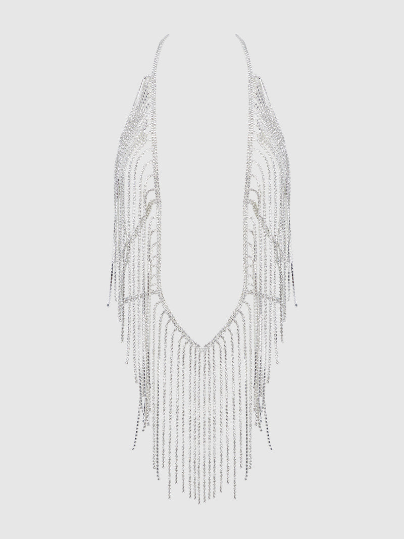 Rhinestone Plunge & Fringe Teddy Silver