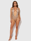Rhinestone Plunge & Fringe Teddy Silver