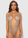 Rhinestone Plunge & Fringe Teddy Silver