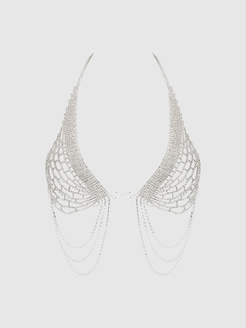 Rhinestone Net Halter Bra with Openable Front Silver