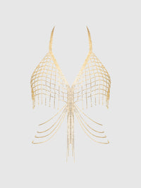 Rhinestone Net & Fringe Halter Bralette