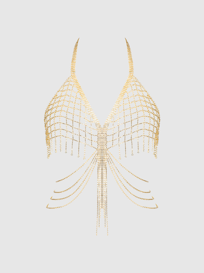 Rhinestone Net & Fringe Halter Bralette