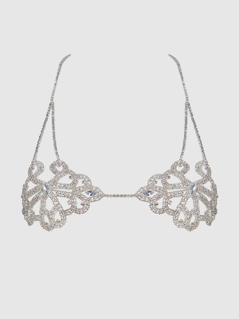 Rhinestone Swirl Knot Bralette Bra Silver