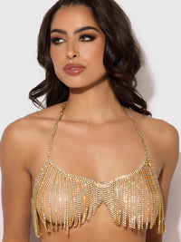 Rhinestone Dangle V-Neck Bra Gold