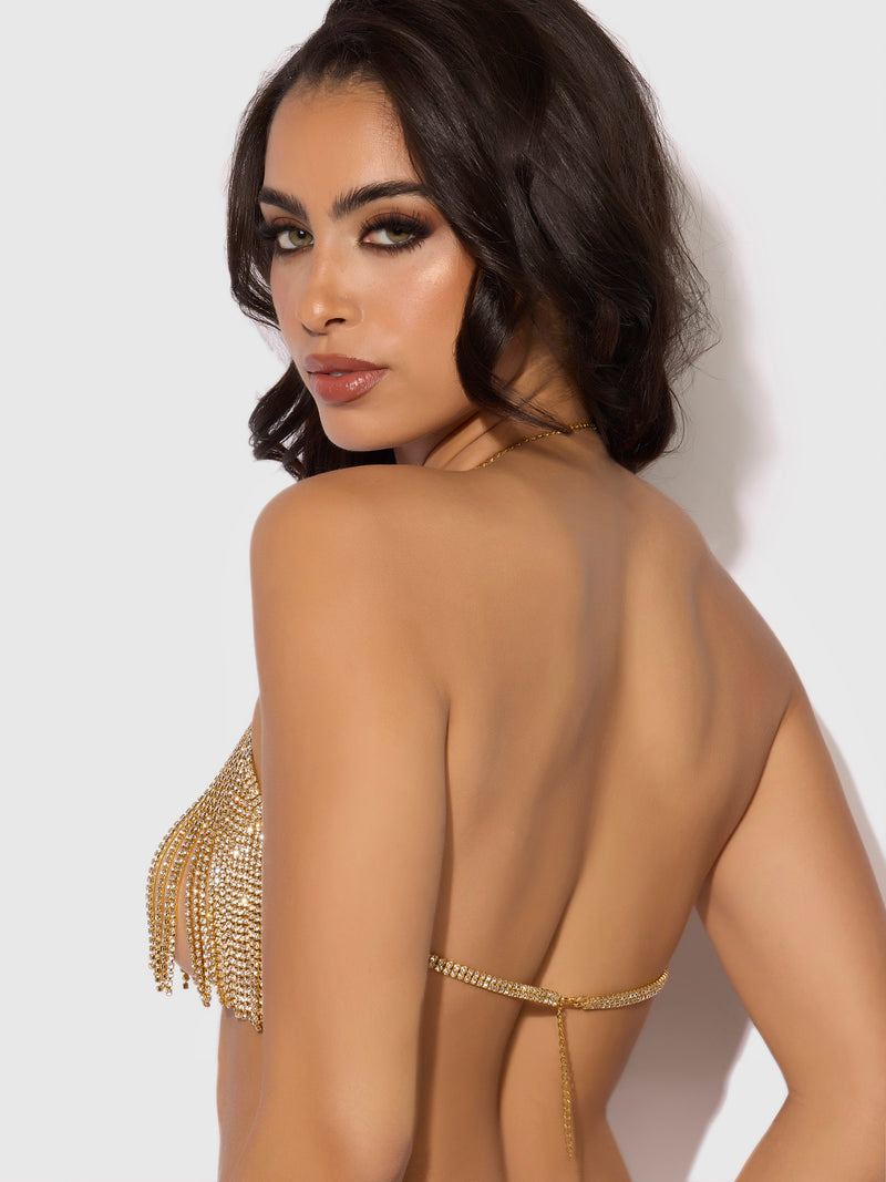 Rhinestone Dangle V-Neck Bra Gold
