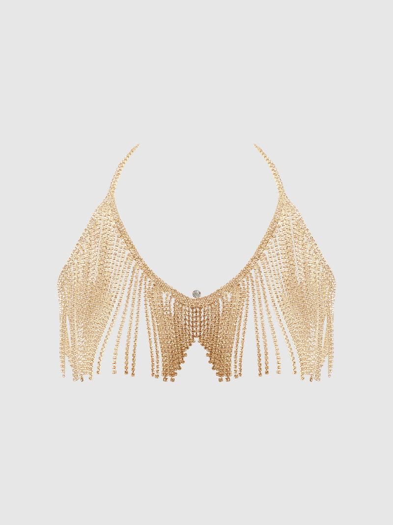 Rhinestone Dangle V-Neck Bra Gold