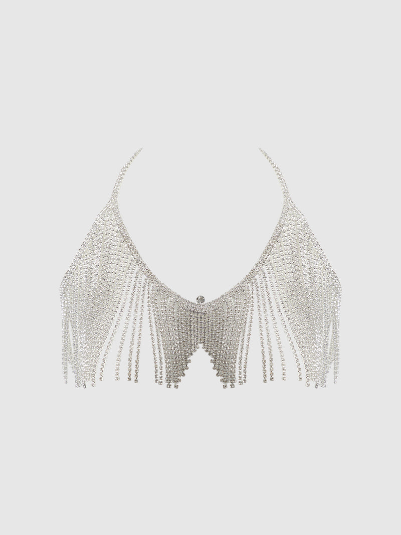 Rhinestone Dangle V-Neck Bra Silver