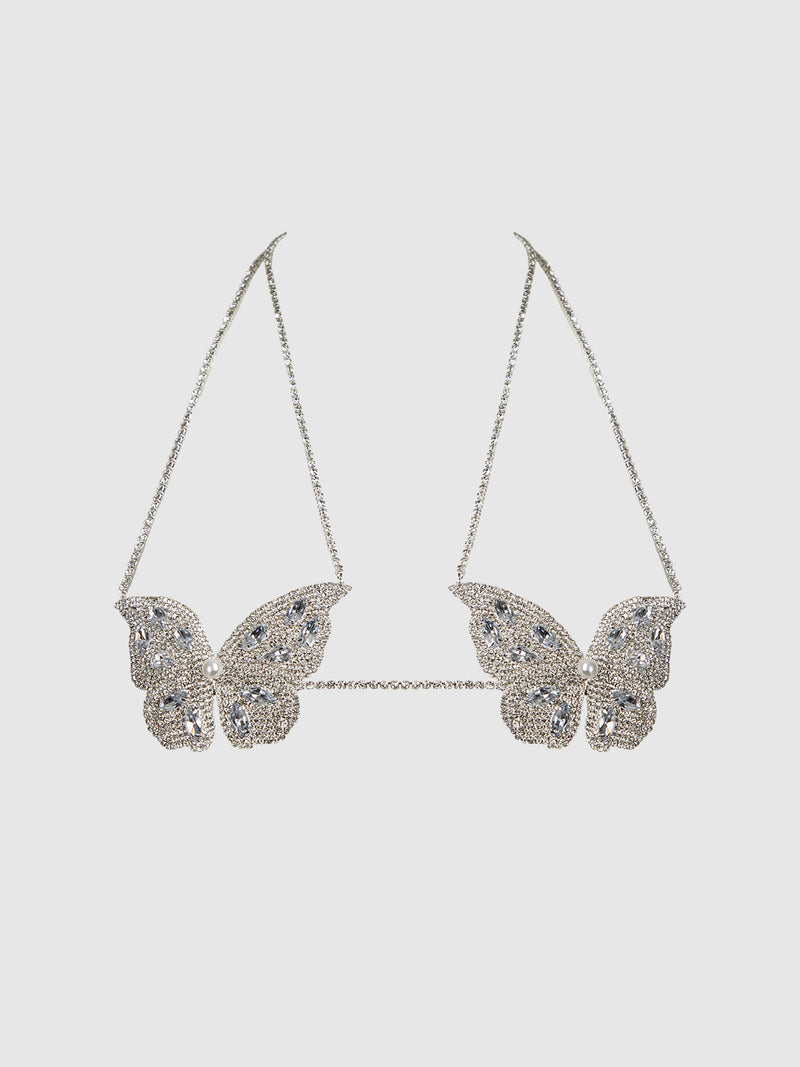 Rhinestone & Pearl Butterfly Bralette Silver