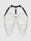 Chain & Leather-Like Draped Harness Black Silver
