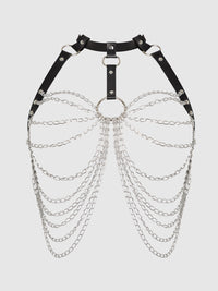 Chain & Leather-Like Draped Harness Black Silver