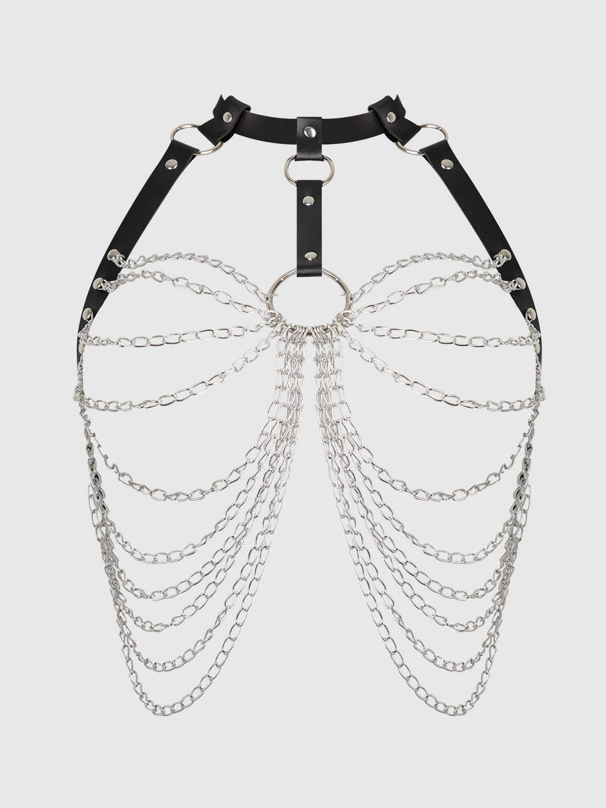 Chain & Leather-Like Draped Harness Black Silver