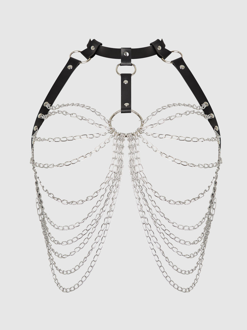 Chain & Leather-Like Draped Harness Black Silver