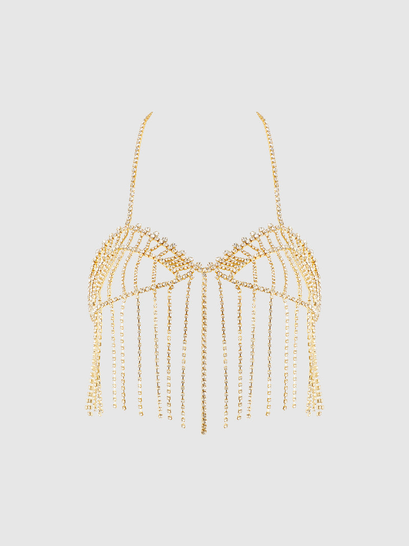 Rhinestone Fringe Cropped Cami Top Gold