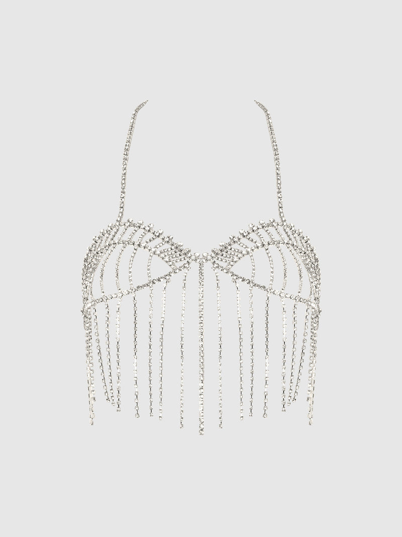 Rhinestone Fringe Cropped Cami Top Silver