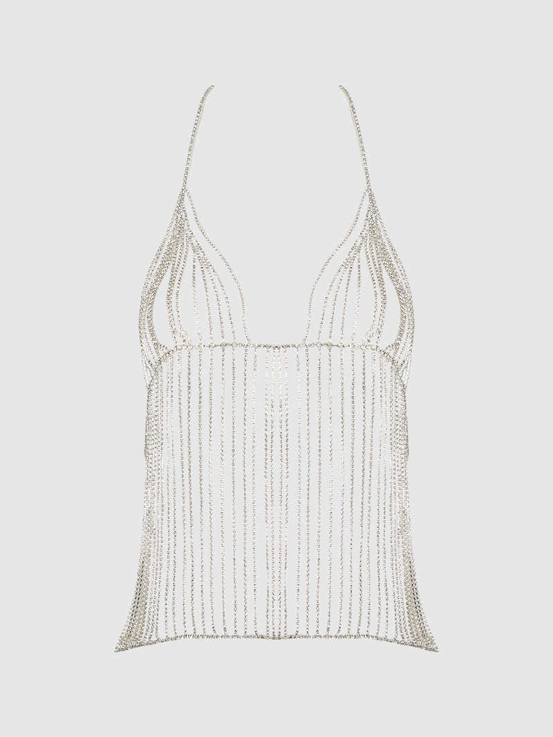 Rhinestone Plunge Cami Silver
