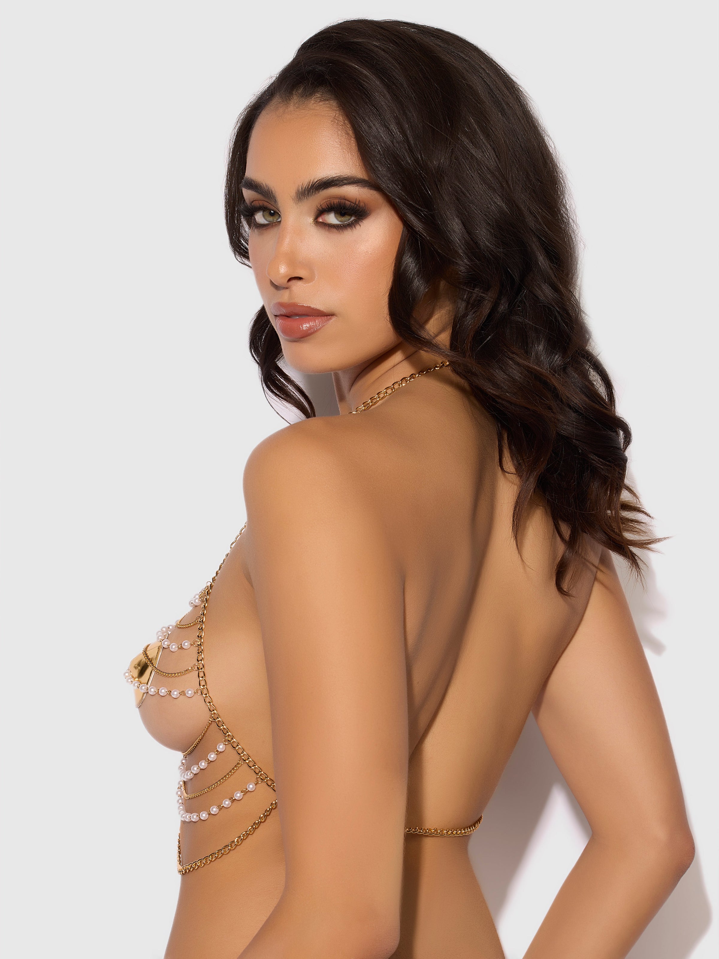 Pearl & Chain Draped Bralette Bra Gold