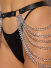 Chain & Leather-Like Draped Garter Black Silver