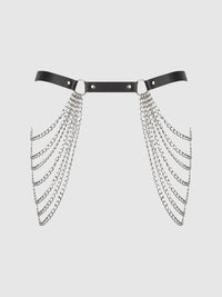 Chain & Leather-Like Draped Garter Black Silver