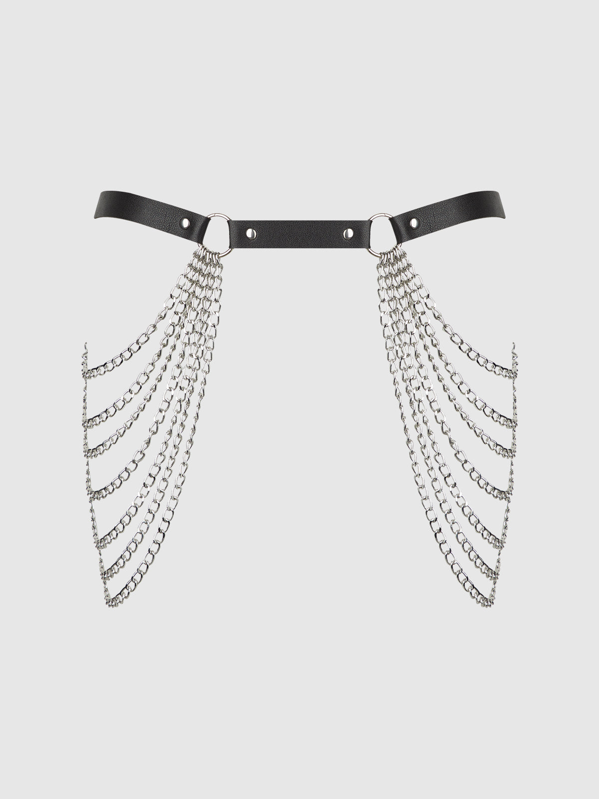 Chain & Leather-Like Draped Garter Black Silver
