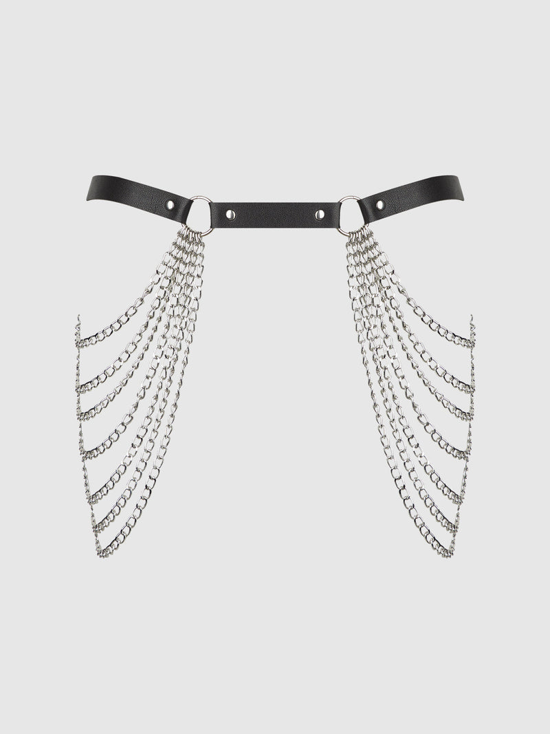 Chain & Leather-Like Draped Garter Black Silver