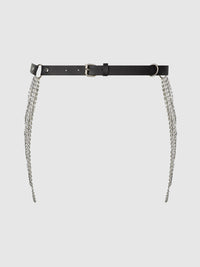 Chain & Leather-Like Draped Garter Black Silver