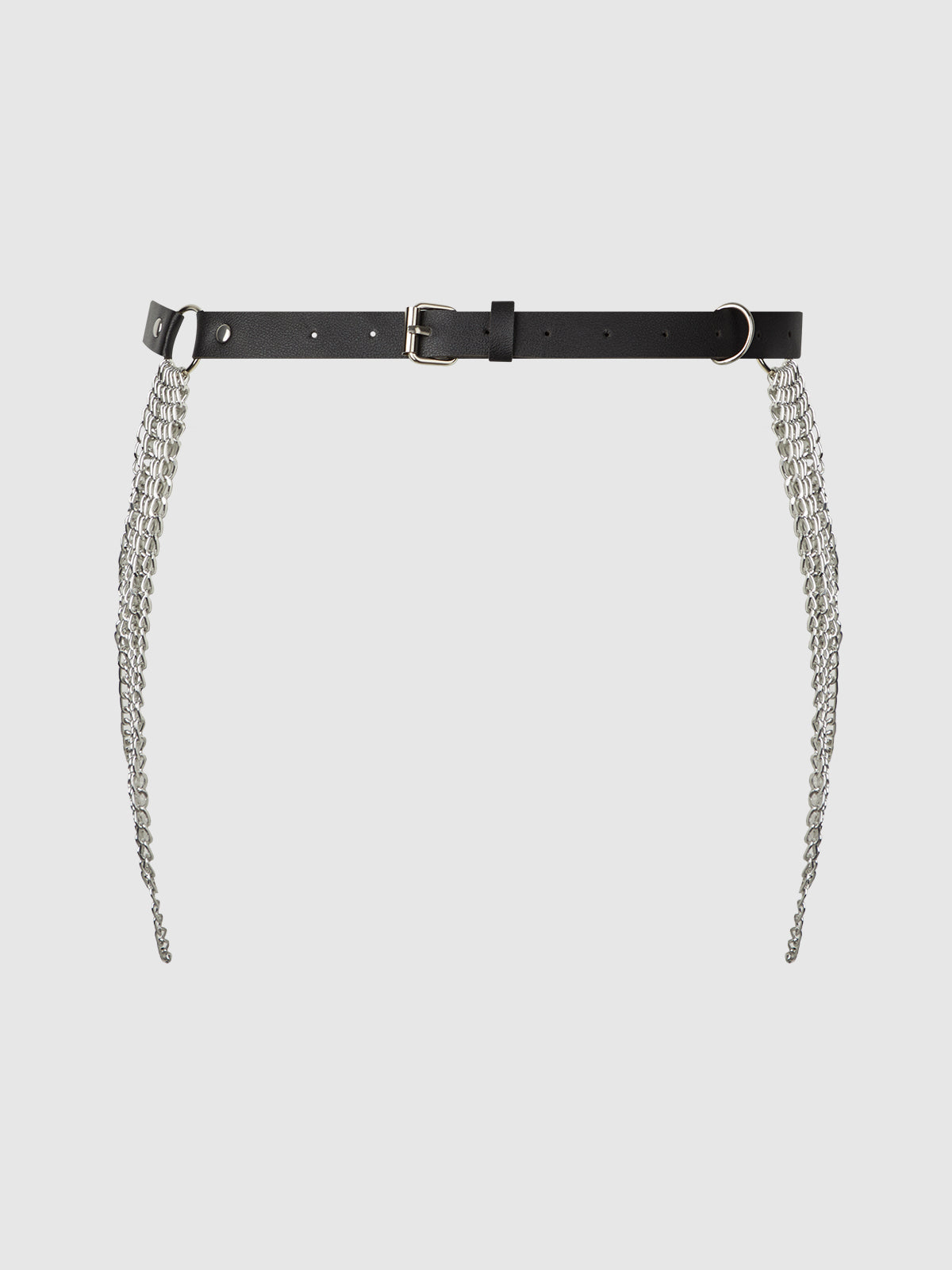 Chain & Leather-Like Draped Garter Black Silver