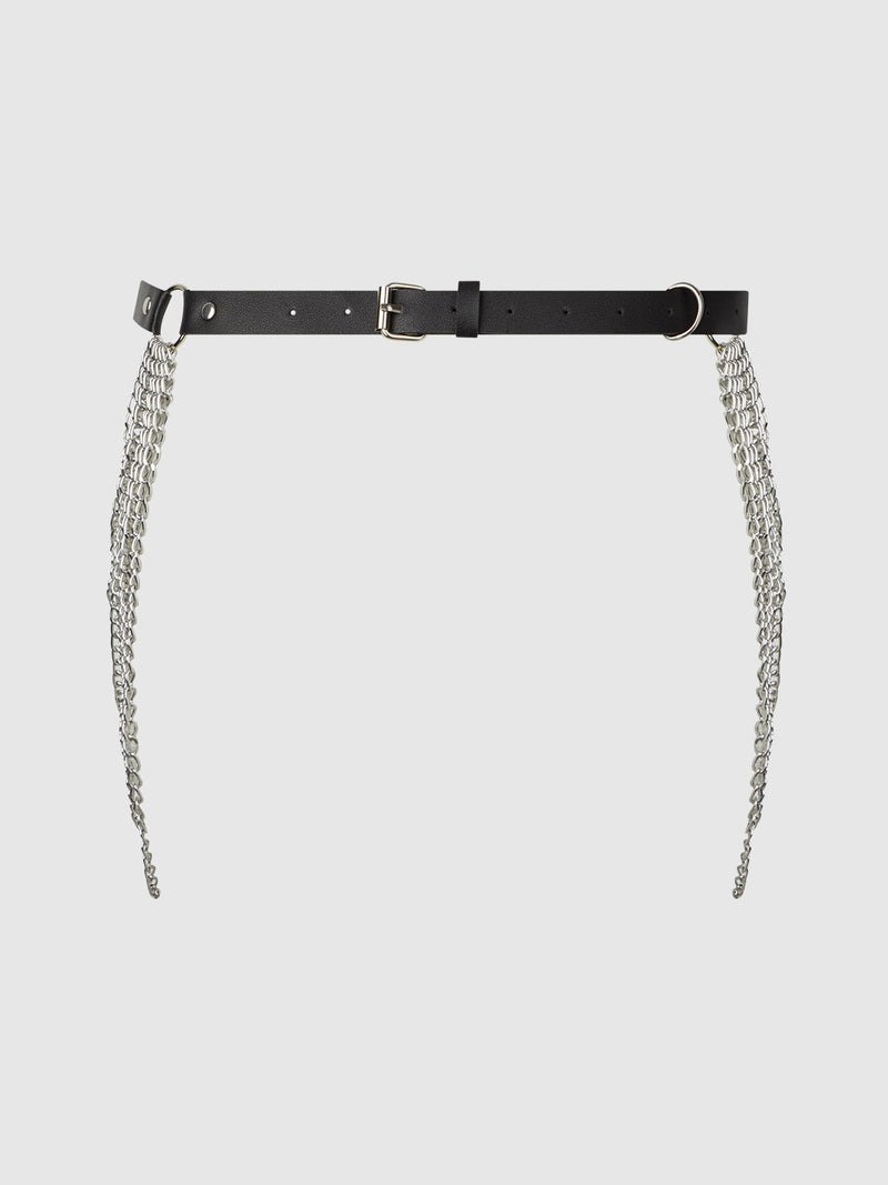 Chain & Leather-Like Draped Garter Black Silver
