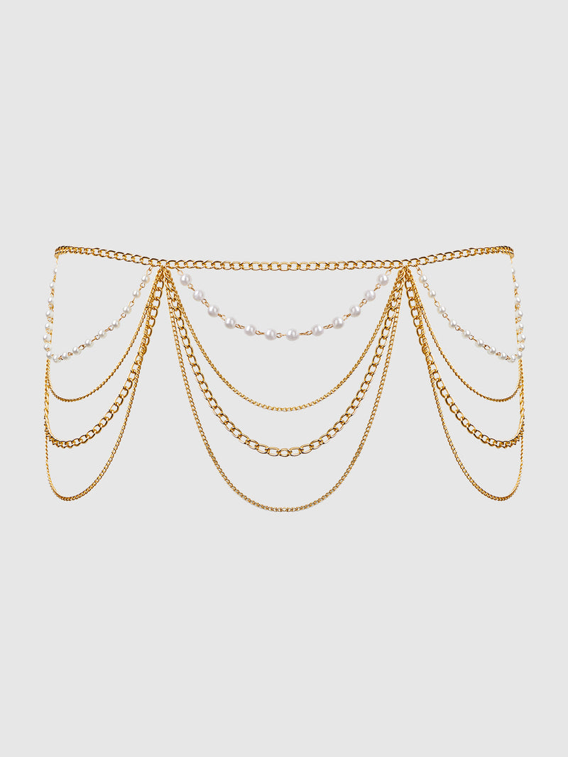 Pearl & Chain Draped Garter Gold