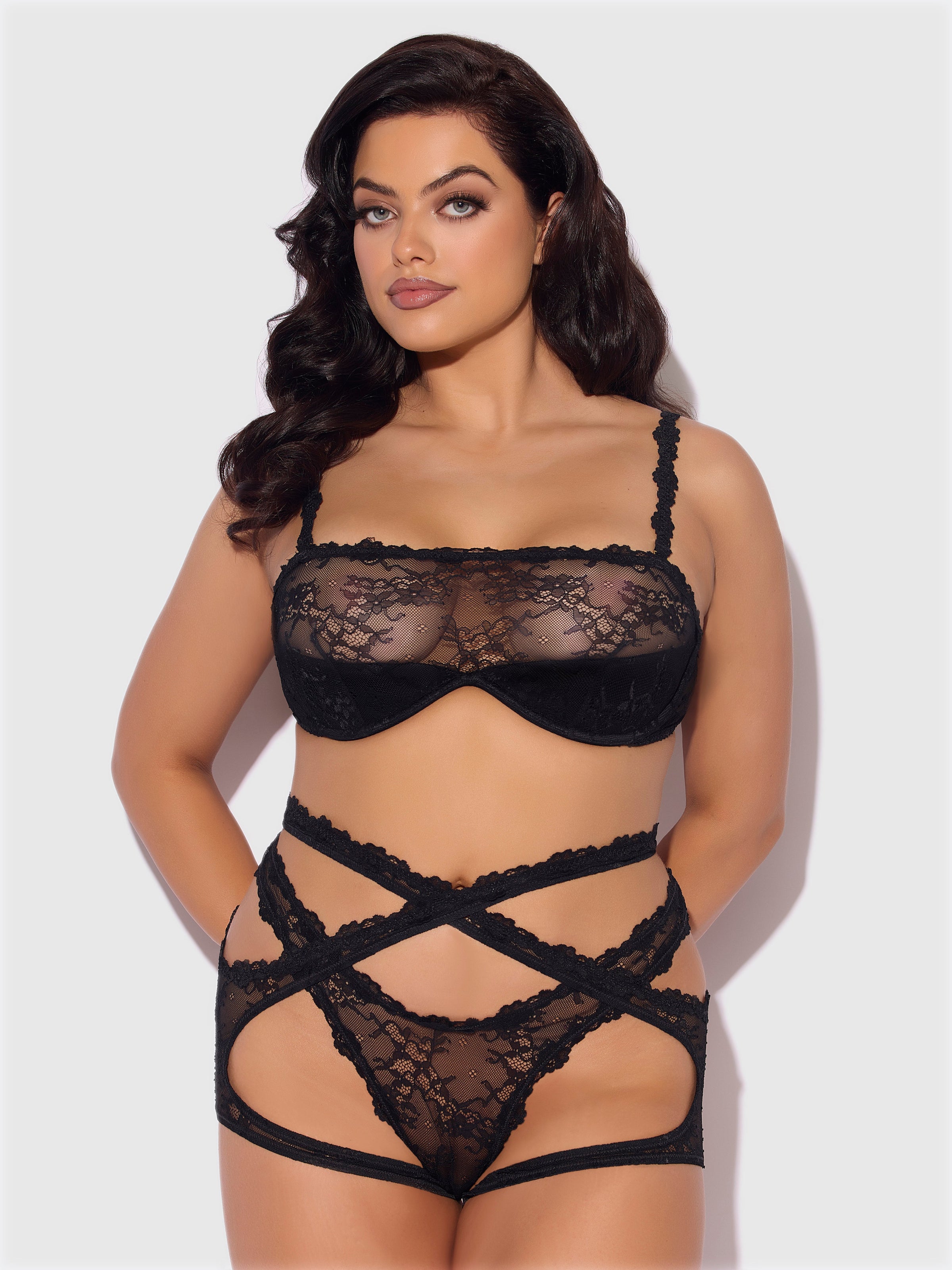 Yvone Wrap Lace Bra, Garter, & Tanga Set Black